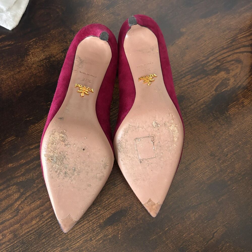 PRADA Burgundy Suede Pointed Toe Pumps Size 37.5 + Shoe Bag - Picture 5 of 6
